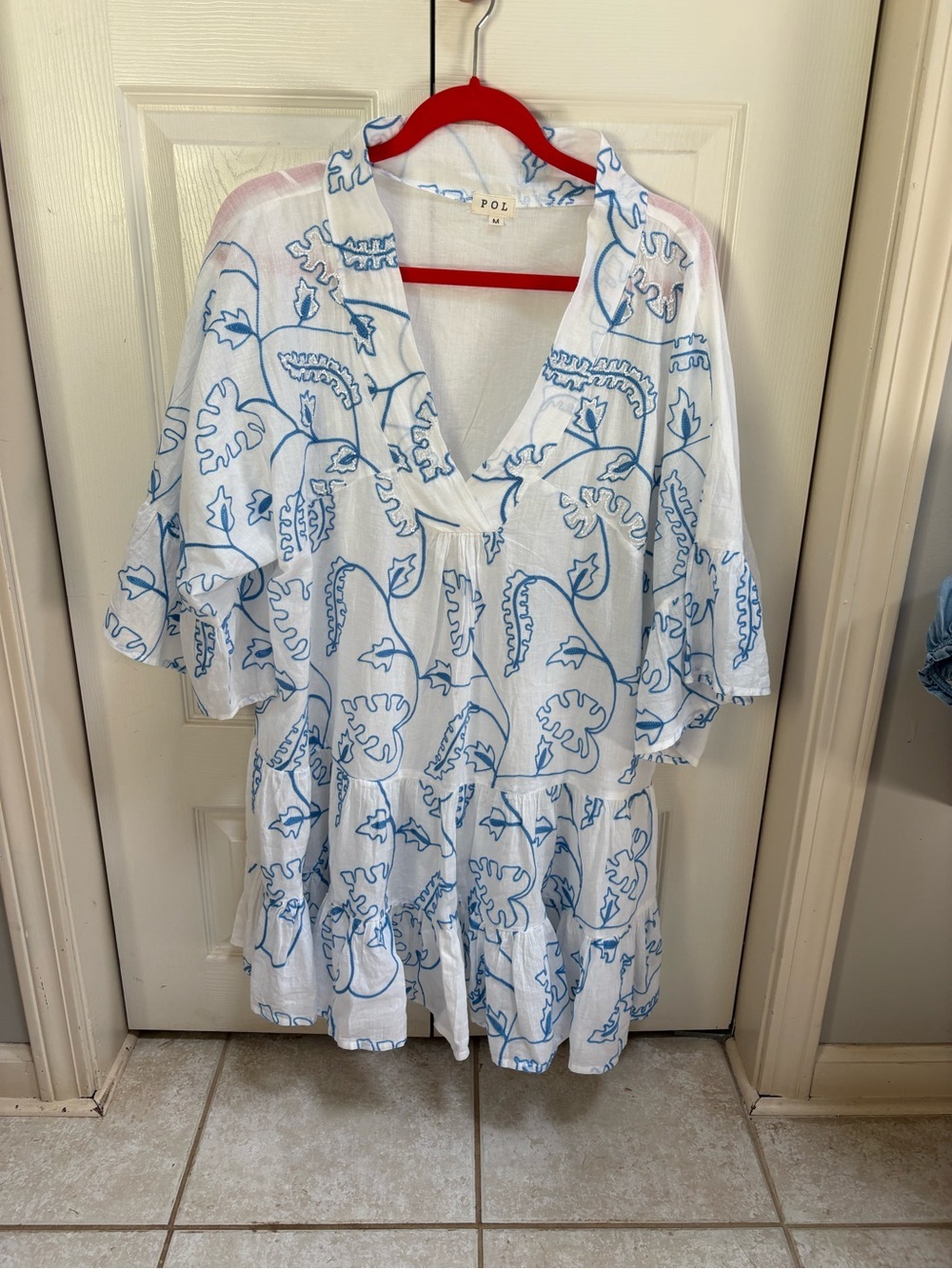 NWT POL White Dress with Blue Floral Beaded Embroidery